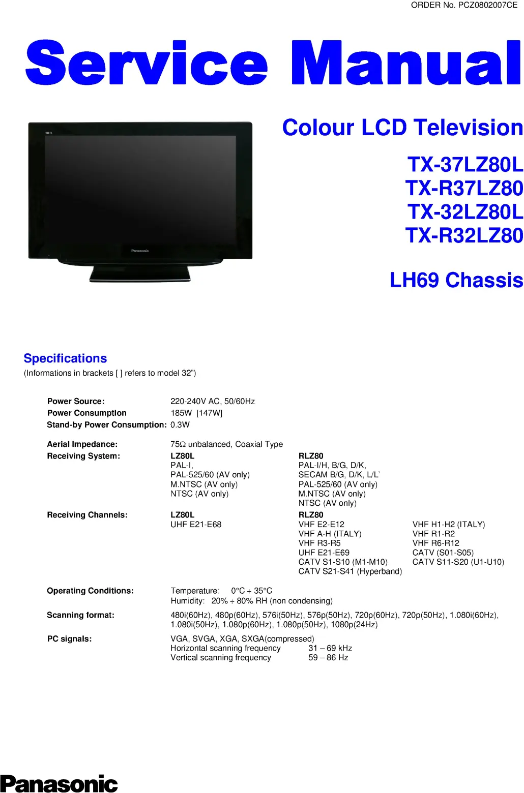 Panasonic tx 37lz80l r37lz80 32lz80l r32lz80 service manual cover with photo of the television, TV type, chassis code, model code, creation date and document number