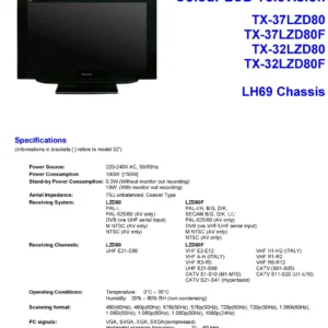 Panasonic tx 37lzd80 32lzd80 service manual cover with photo of the television, TV type, chassis code, model code, creation date and document number