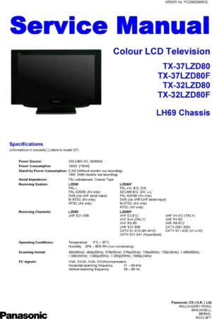 Panasonic tx 37lzd80 32lzd80 service manual cover with photo of the television, TV type, chassis code, model code, creation date and document number