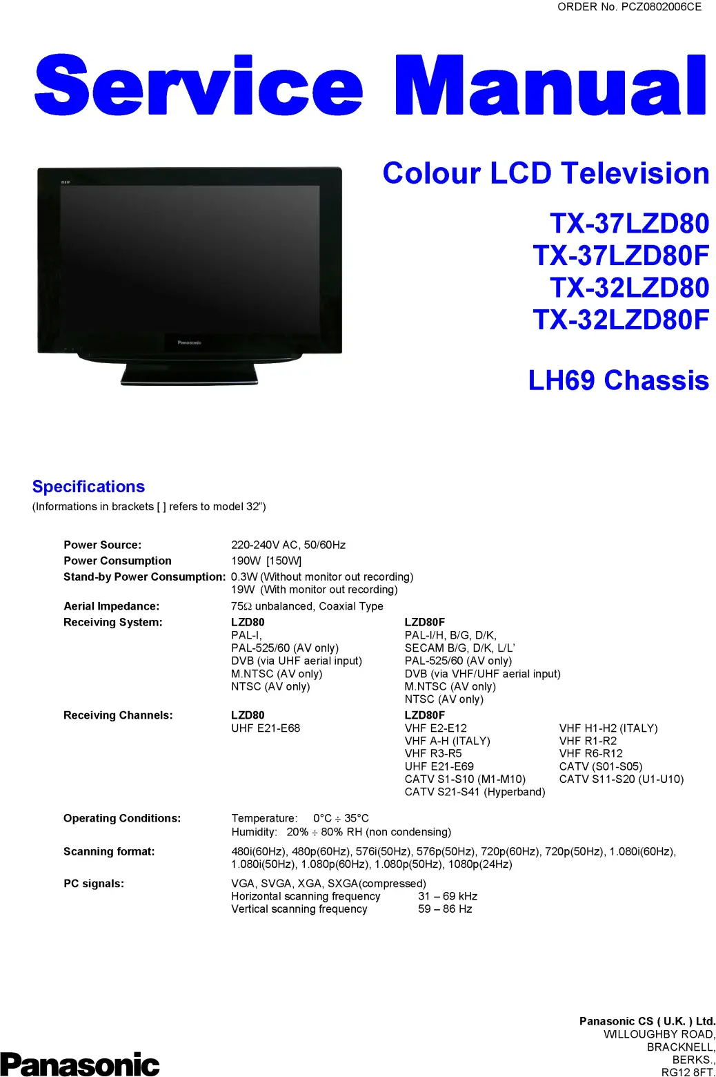 Panasonic tx 37lzd80 32lzd80 service manual cover with photo of the television, TV type, chassis code, model code, creation date and document number