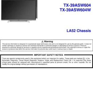 Panasonic tx 39asw604w 39asw604 service manual cover with photo of the television, TV type, chassis code, model code, creation date and document number