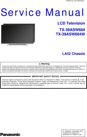 Panasonic tx 39asw604w 39asw604 service manual cover with photo of the television, TV type, chassis code, model code, creation date and document number