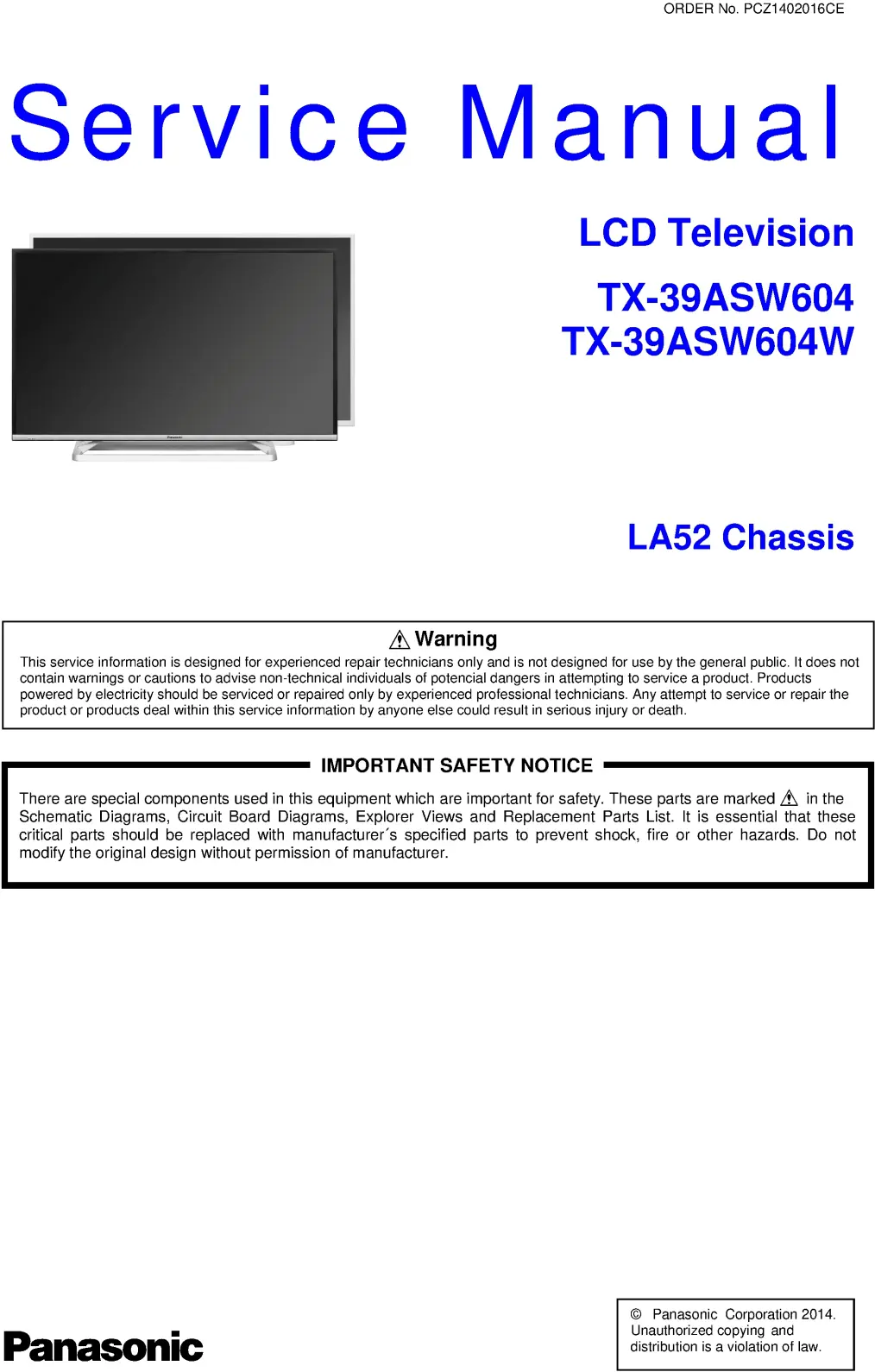 Panasonic tx 39asw604w 39asw604 service manual cover with photo of the television, TV type, chassis code, model code, creation date and document number