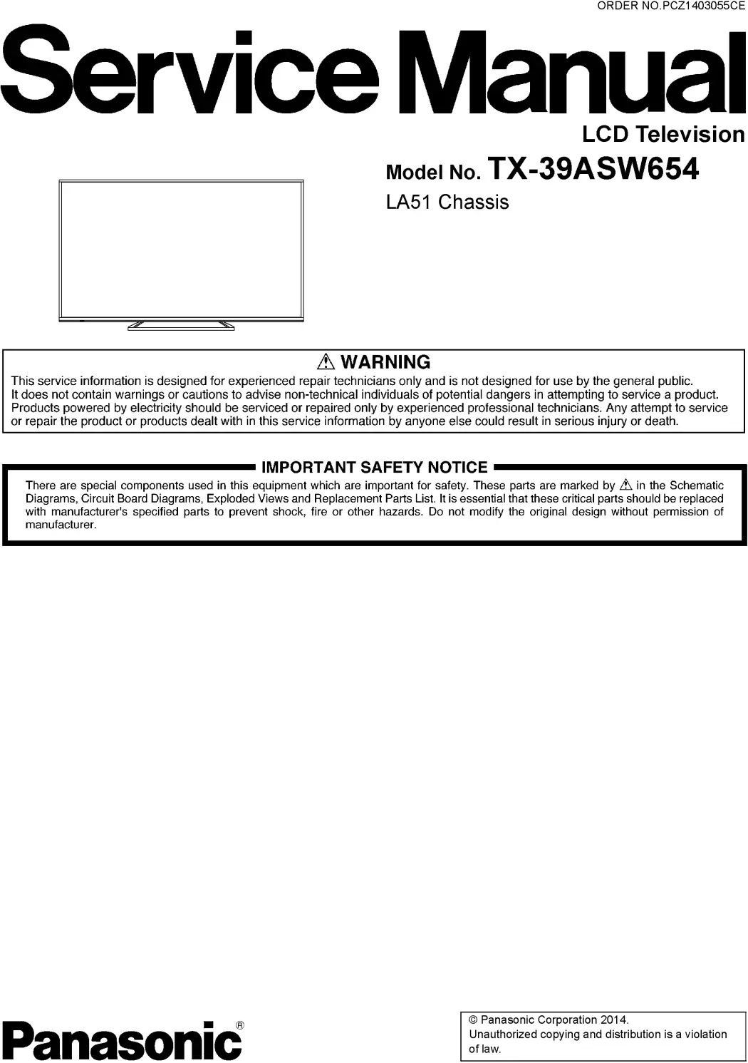 Panasonic tx 39asw654 service manual cover with photo of the television, TV type, chassis code, model code, creation date and document number