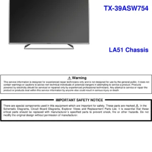 Panasonic tx 39asw754 service manual cover with photo of the television, TV type, chassis code, model code, creation date and document number