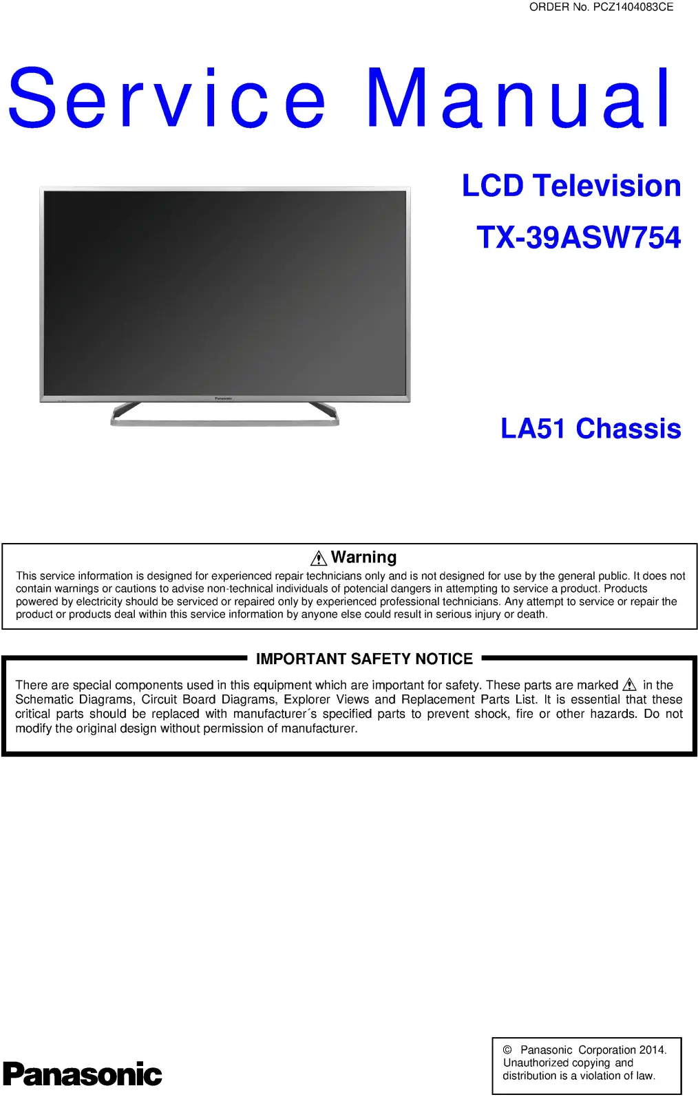Panasonic tx 39asw754 service manual cover with photo of the television, TV type, chassis code, model code, creation date and document number