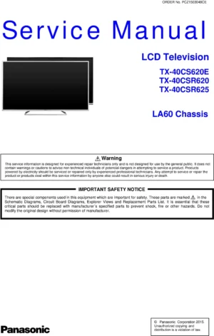 Panasonic tx 40cs620e 40csr620 40csr625 service manual cover with photo of the television, TV type, chassis code, model code, creation date and document number