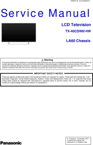 Panasonic tx 40csw614w service manual cover with photo of the television, TV type, chassis code, model code, creation date and document number