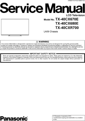 Panasonic tx 40cx670e 40cx680e 40cxr700 service manual cover with photo of the television, TV type, chassis code, model code, creation date and document number