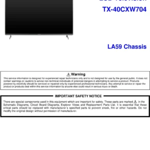 Panasonic tx 40cxw704 service manual cover with photo of the television, TV type, chassis code, model code, creation date and document number
