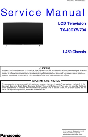 Panasonic tx 40cxw704 service manual cover with photo of the television, TV type, chassis code, model code, creation date and document number