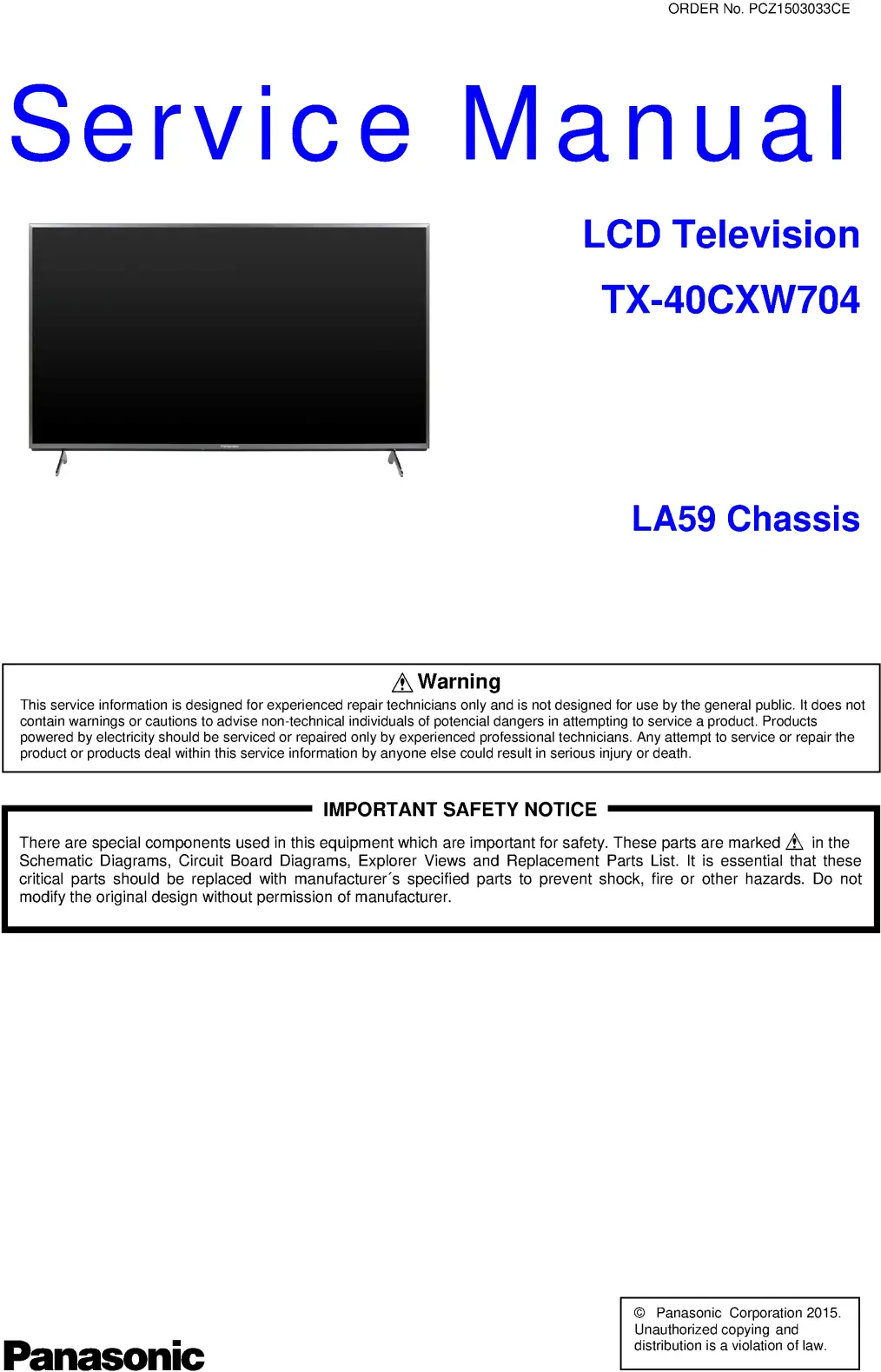 Panasonic tx 40cxw704 service manual cover with photo of the television, TV type, chassis code, model code, creation date and document number