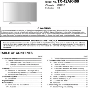Panasonic tx 42ar400 service manual cover with photo of the television, TV type, chassis code, model code, creation date and document number