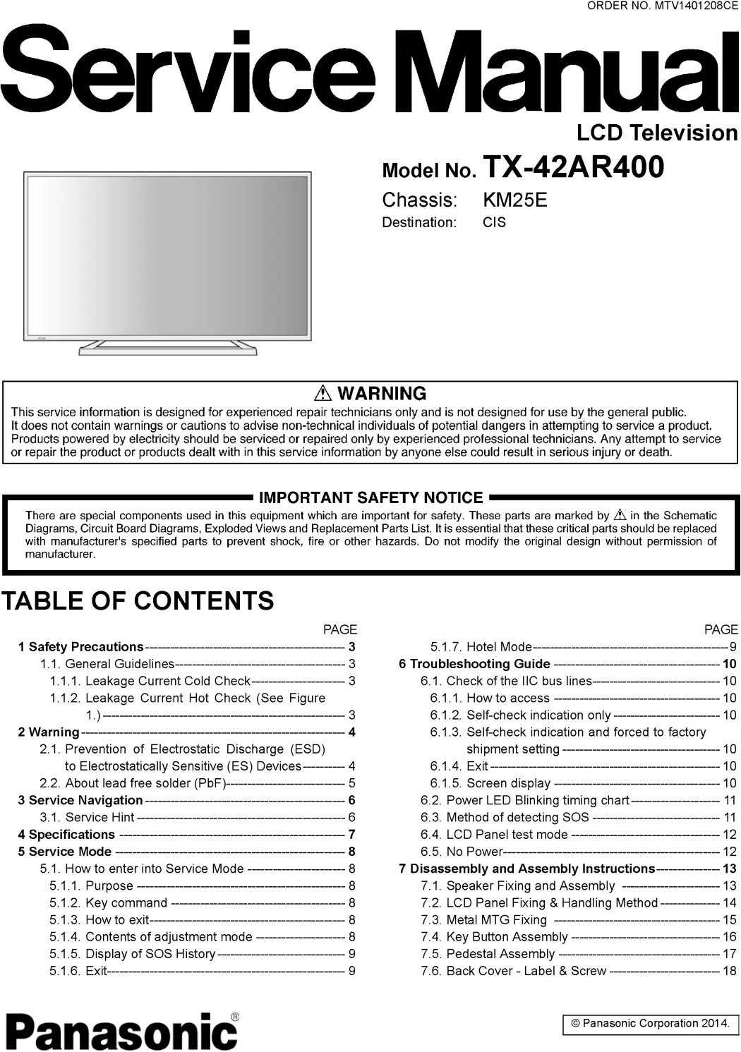 Panasonic tx 42ar400 service manual cover with photo of the television, TV type, chassis code, model code, creation date and document number