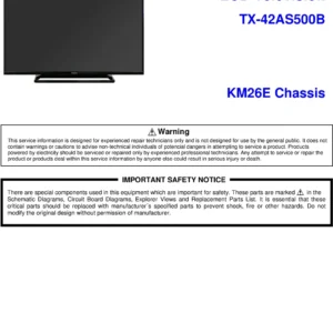Panasonic tx 42as500 42as500b service manual cover with photo of the television, TV type, chassis code, model code, creation date and document number