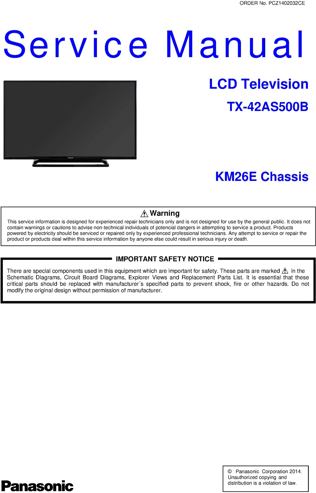 Panasonic tx 42as500 42as500b service manual cover with photo of the television, TV type, chassis code, model code, creation date and document number