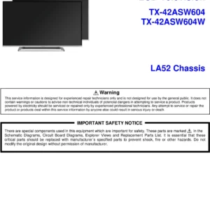 Panasonic tx 42asw604w 42asw604 service manual cover with photo of the television, TV type, chassis code, model code, creation date and document number