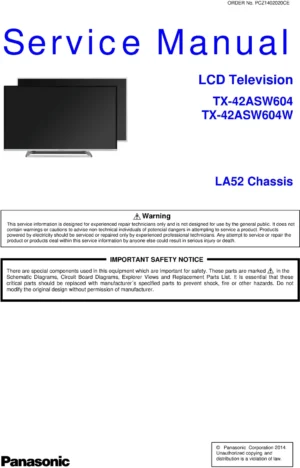Panasonic tx 42asw604w 42asw604 service manual cover with photo of the television, TV type, chassis code, model code, creation date and document number