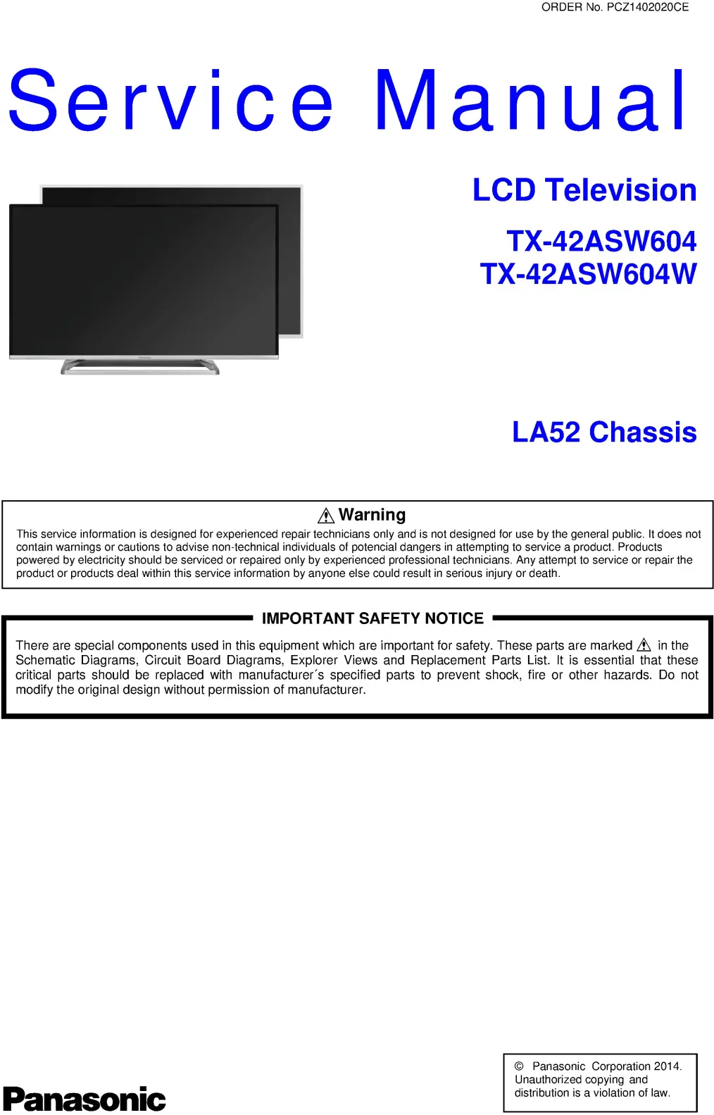 Panasonic tx 42asw604w 42asw604 service manual cover with photo of the television, TV type, chassis code, model code, creation date and document number