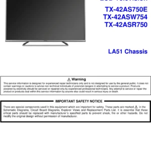 Panasonic tx 42asw754 42as750e 42asr750 service manual cover with photo of the television, TV type, chassis code, model code, creation date and document number
