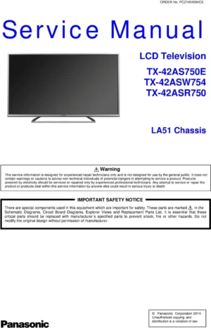 Panasonic tx 42asw754 42as750e 42asr750 service manual cover with photo of the television, TV type, chassis code, model code, creation date and document number