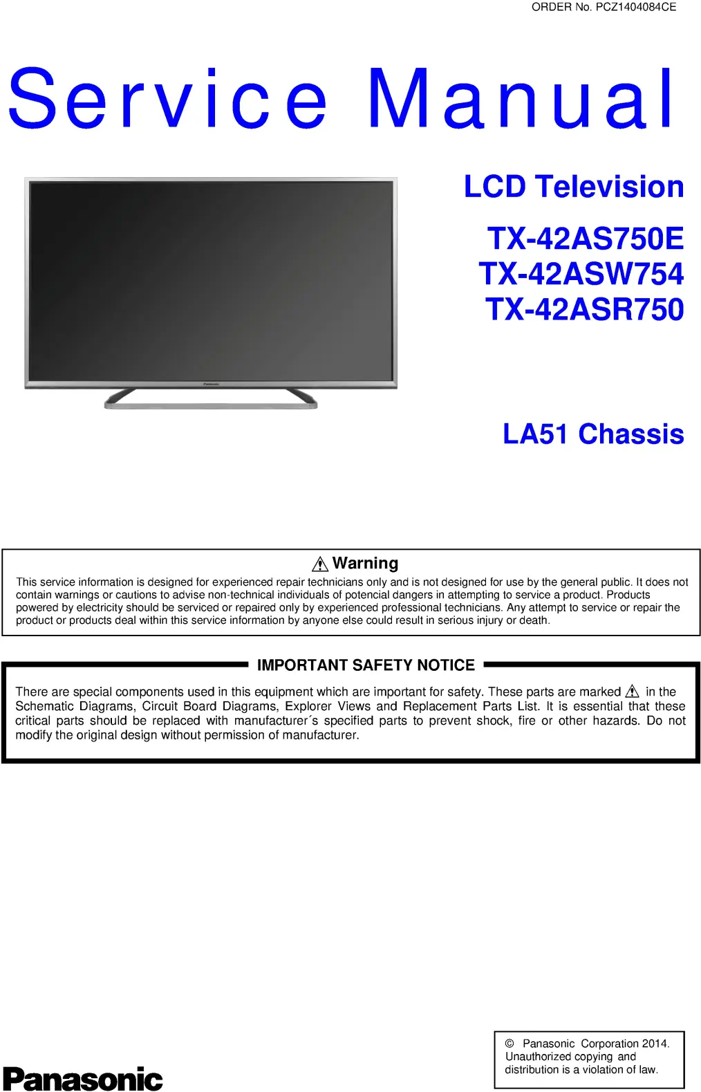 Panasonic tx 42asw754 42as750e 42asr750 service manual cover with photo of the television, TV type, chassis code, model code, creation date and document number