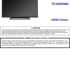 Panasonic tx 42aw404 service manual cover with photo of the television, TV type, chassis code, model code, creation date and document number