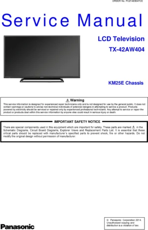 Panasonic tx 42aw404 service manual cover with photo of the television, TV type, chassis code, model code, creation date and document number