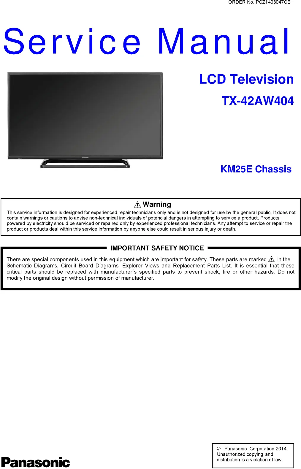 Panasonic tx 42aw404 service manual cover with photo of the television, TV type, chassis code, model code, creation date and document number