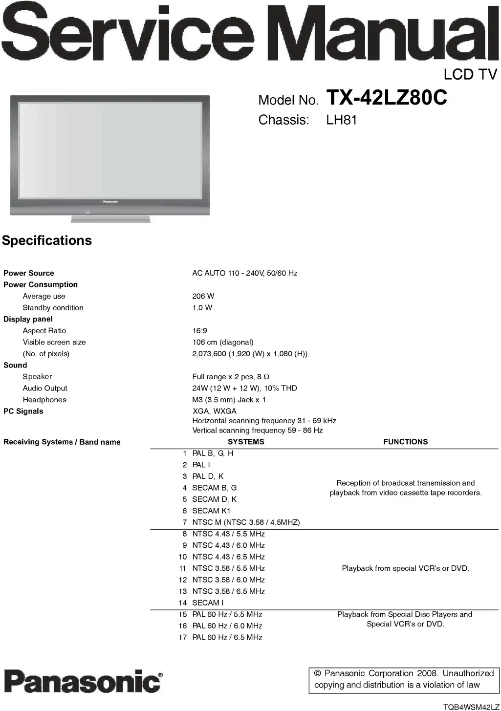 Panasonic tx 42lz80c service manual cover with photo of the television, TV type, chassis code, model code, creation date and document number