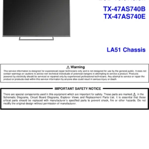 Panasonic tx 47as740b 47as740e service manual cover with photo of the television, TV type, chassis code, model code, creation date and document number