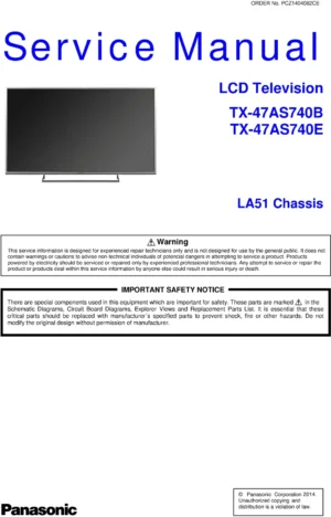 Panasonic tx 47as740b 47as740e service manual cover with photo of the television, TV type, chassis code, model code, creation date and document number