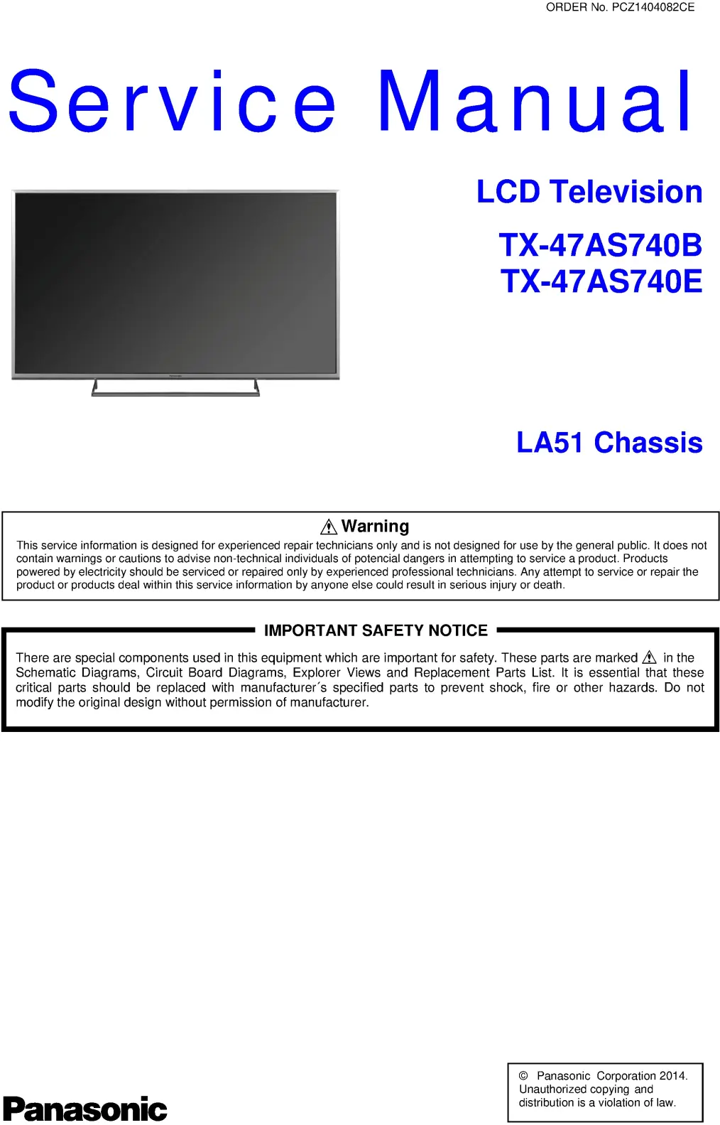 Panasonic tx 47as740b 47as740e service manual cover with photo of the television, TV type, chassis code, model code, creation date and document number