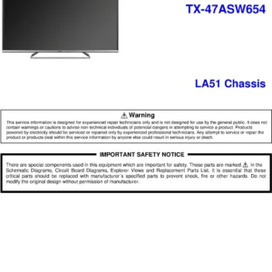 Panasonic tx 47asw654 service manual cover with photo of the television, TV type, chassis code, model code, creation date and document number