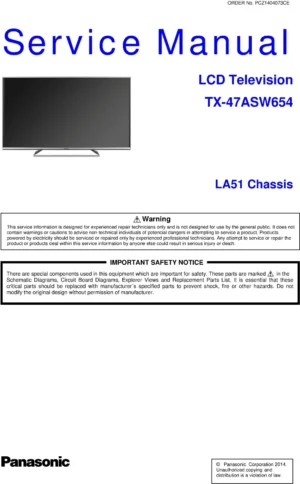 Panasonic tx 47asw654 service manual cover with photo of the television, TV type, chassis code, model code, creation date and document number
