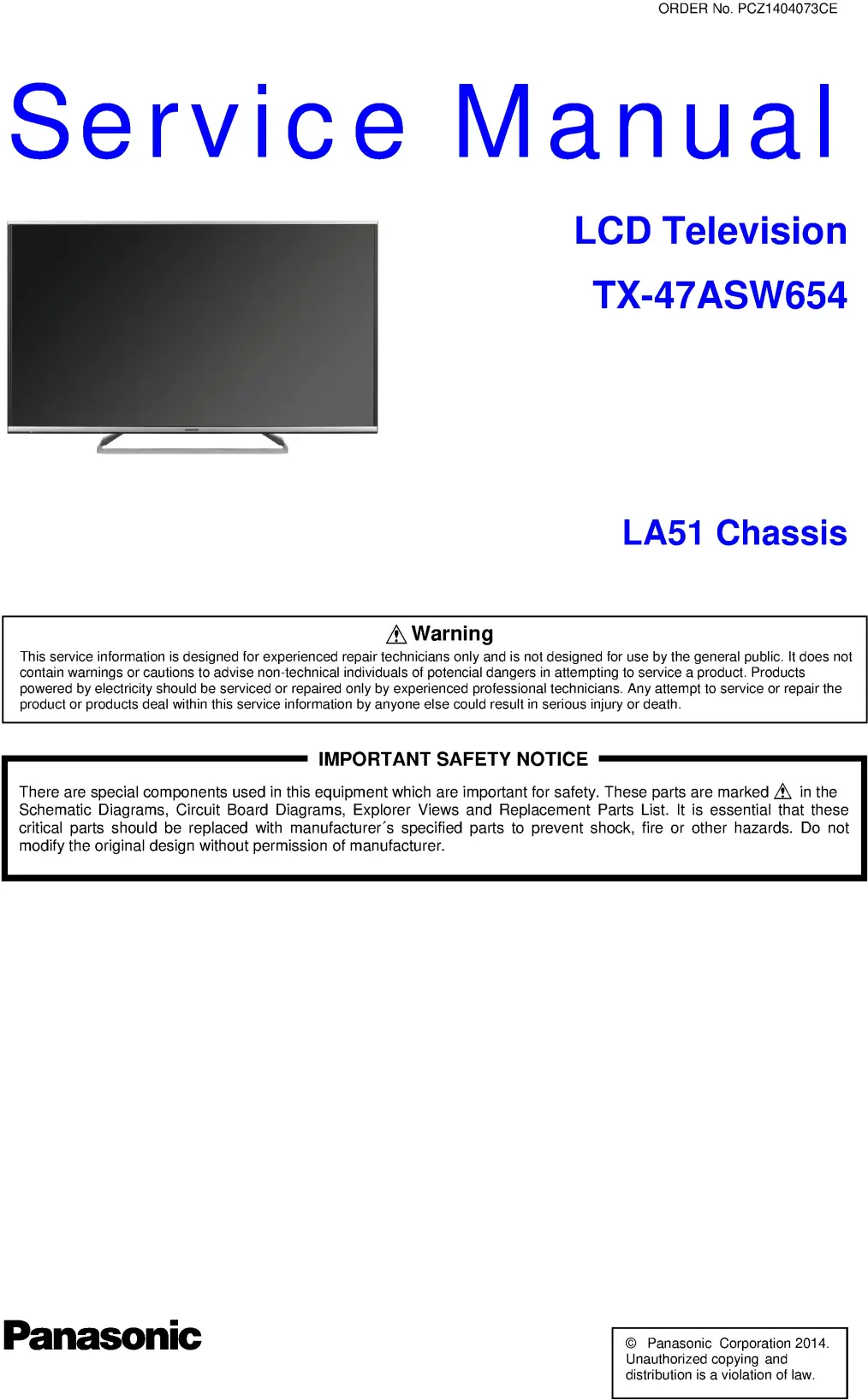 Panasonic tx 47asw654 service manual cover with photo of the television, TV type, chassis code, model code, creation date and document number