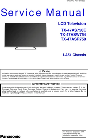 Panasonic tx 47asw754 47as750e 47asr750 service manual cover with photo of the television, TV type, chassis code, model code, creation date and document number