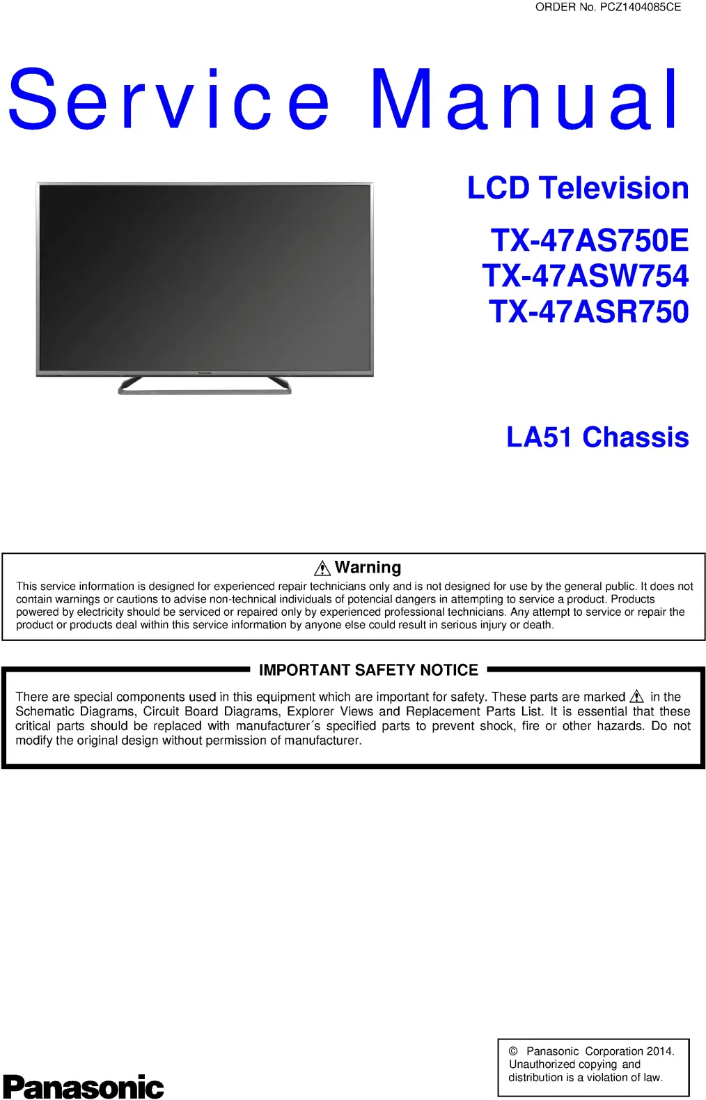 Panasonic tx 47asw754 47as750e 47asr750 service manual cover with photo of the television, TV type, chassis code, model code, creation date and document number