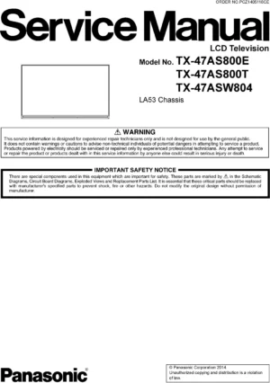Panasonic tx 47asw804 47as800e 47as800t service manual cover with photo of the television, TV type, chassis code, model code, creation date and document number