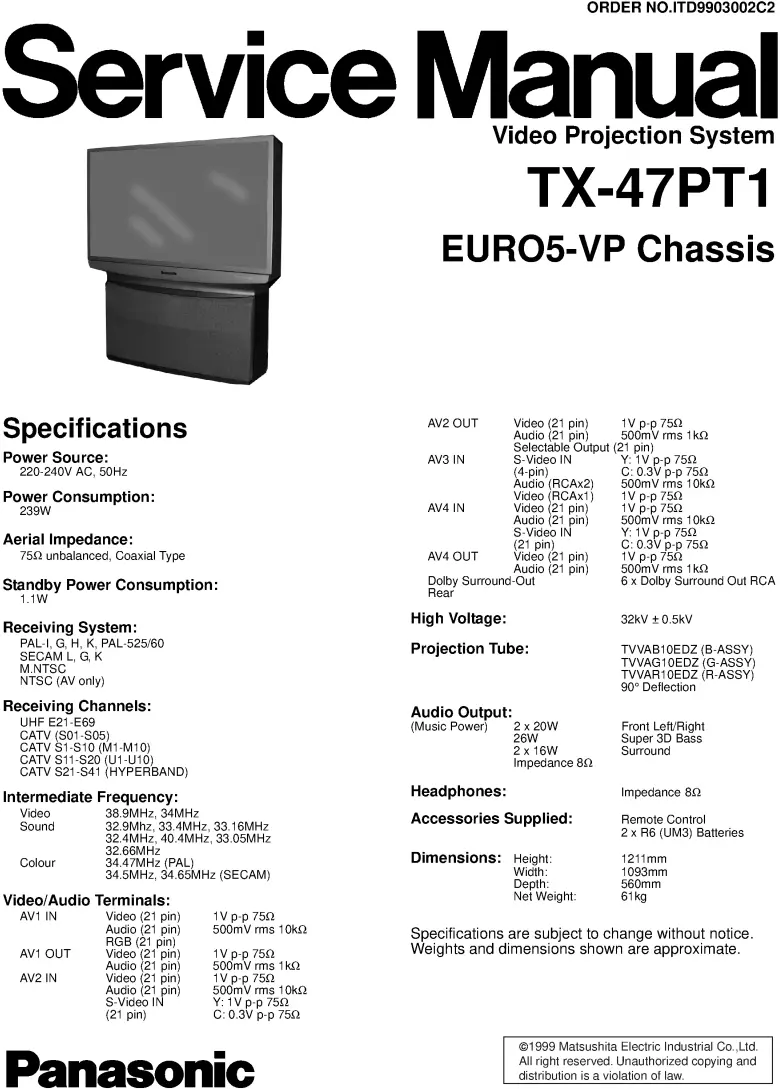 Panasonic tx 47pt1 service manual cover with photo of the television, TV type, chassis code, model code, creation date and document number