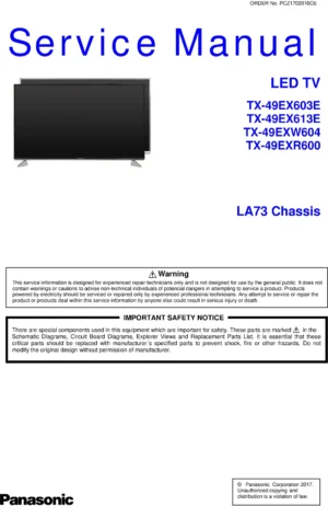 Panasonic tx 49ex603e service manual cover with photo of the television, TV type, chassis code, model code, creation date and document number