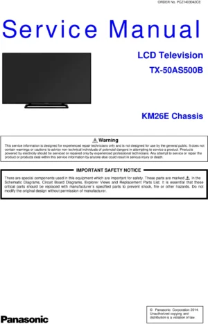Panasonic tx 50as500 50as500b service manual cover with photo of the television, TV type, chassis code, model code, creation date and document number