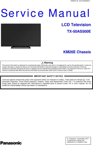 Panasonic tx 50as500 50as500e service manual cover with photo of the television, TV type, chassis code, model code, creation date and document number
