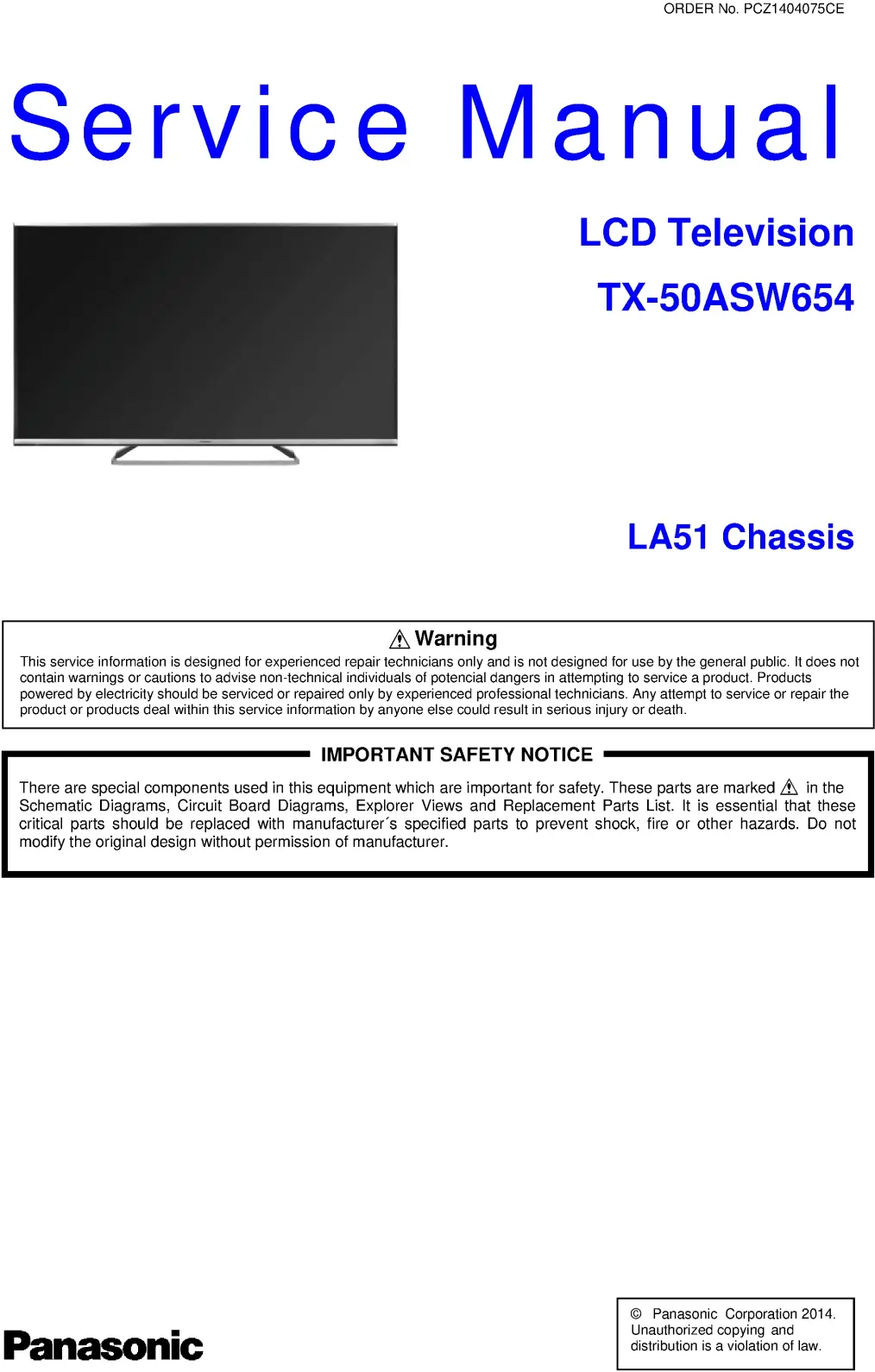Panasonic tx 50asw654 service manual cover with photo of the television, TV type, chassis code, model code, creation date and document number