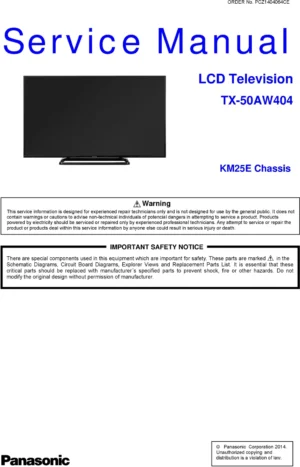 Panasonic tx 50aw404 service manual cover with photo of the television, TV type, chassis code, model code, creation date and document number