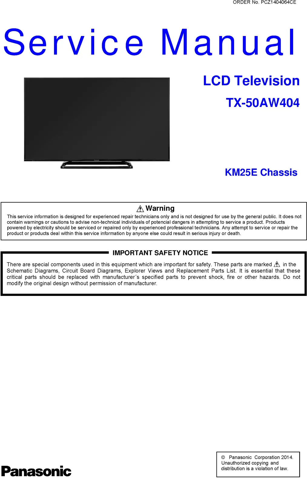 Panasonic tx 50aw404 service manual cover with photo of the television, TV type, chassis code, model code, creation date and document number