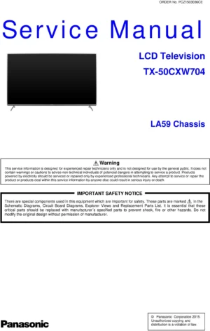 Panasonic tx 50cxw704 service manual cover with photo of the television, TV type, chassis code, model code, creation date and document number