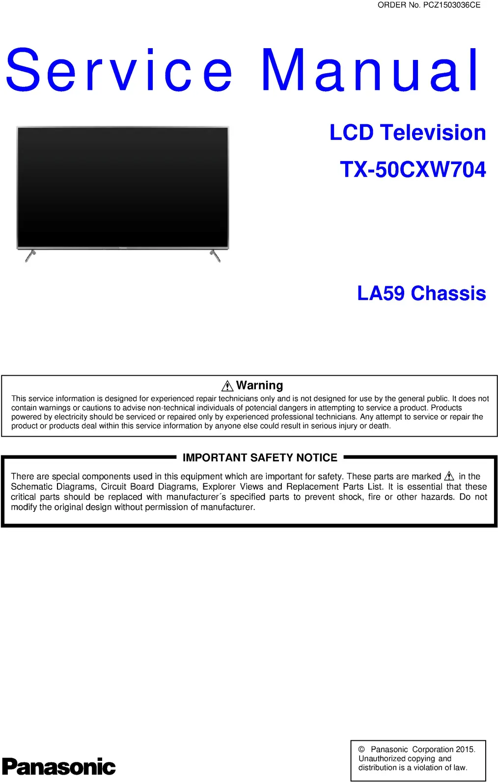 Panasonic tx 50cxw704 service manual cover with photo of the television, TV type, chassis code, model code, creation date and document number