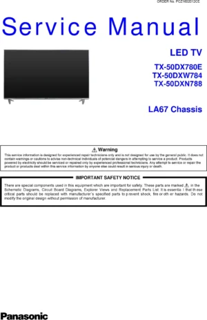 Panasonic tx 50dx780e 50dxw784 service manual cover with photo of the television, TV type, chassis code, model code, creation date and document number