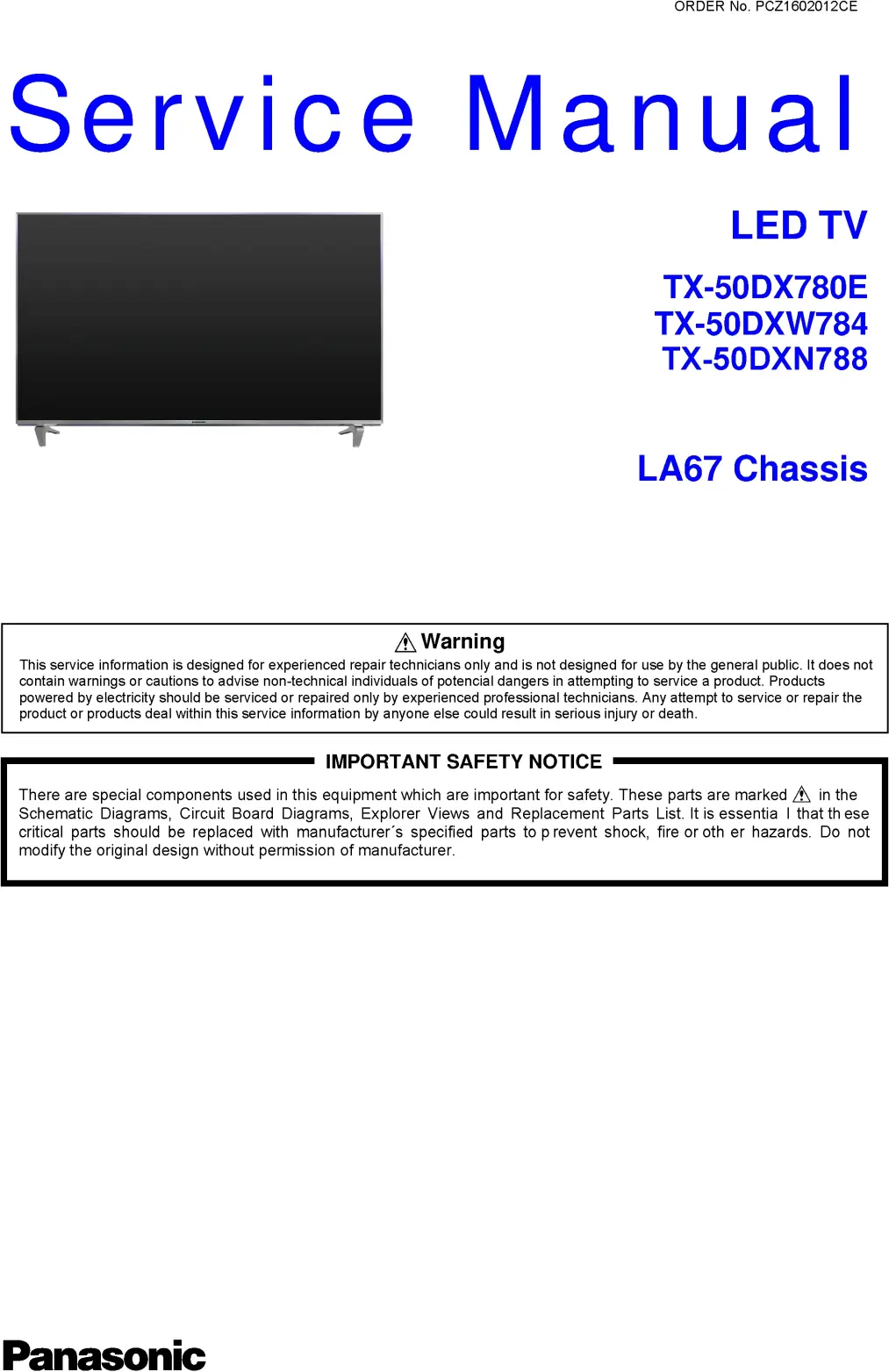 Panasonic tx 50dx780e 50dxw784 service manual cover with photo of the television, TV type, chassis code, model code, creation date and document number